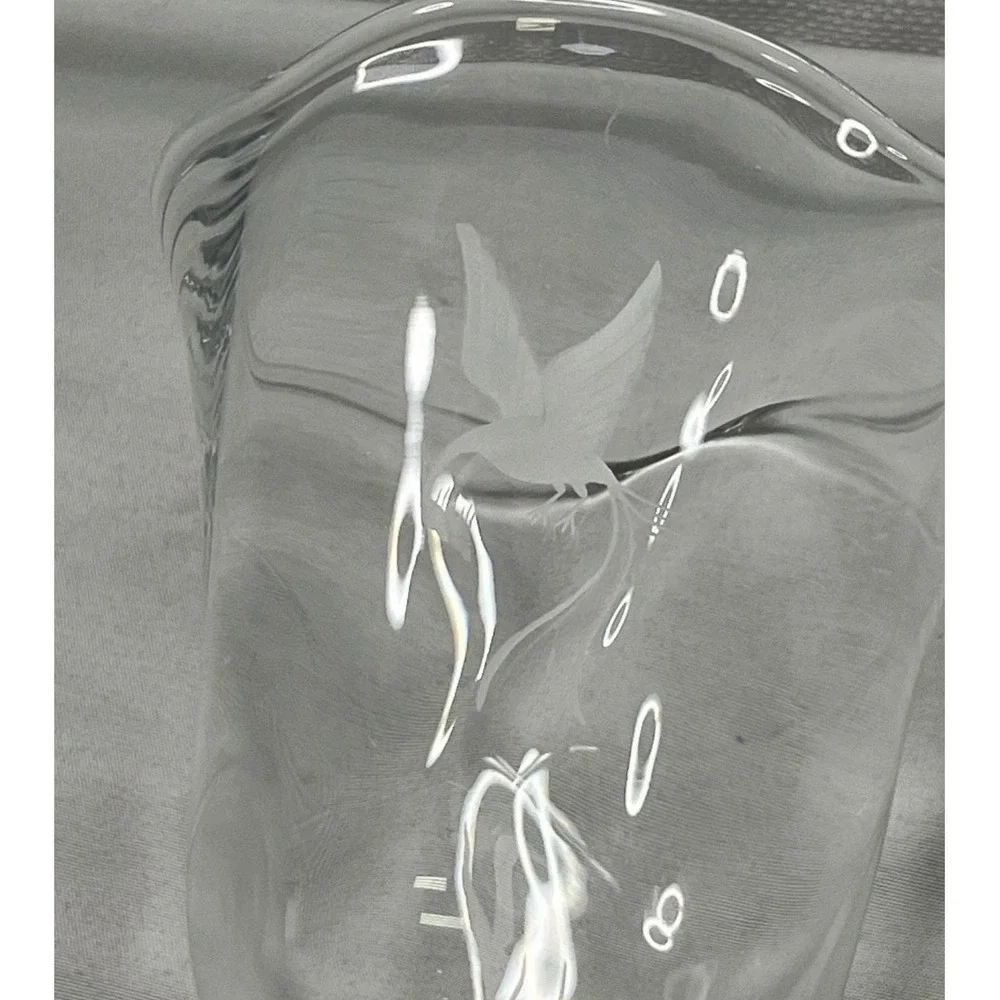 Orrefors Sweden Crystal Ruffled Vase Etched Bird Signed Art Glass 2400 Clear